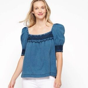 Faherty‎ Presley Chambray Top Size S Dark Indigo Blue Embroidered Trim